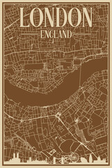 Brown hand-drawn framed poster of the downtown LONDON, ENGLAND with highlighted vintage city skyline and lettering