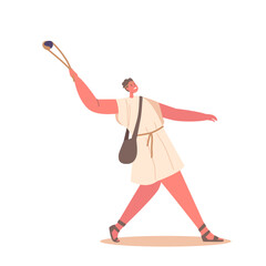 Male Character Throwing Stone With Sling Isolated On White Background. Biblical Story Of David And Goliath Giant