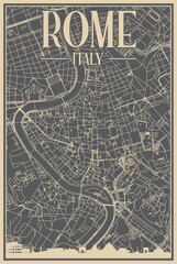 Grey hand-drawn framed poster of the downtown ROME, ITALY with highlighted vintage city skyline and lettering