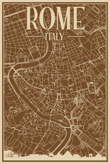 Brown hand-drawn framed poster of the downtown ROME, ITALY with highlighted vintage city skyline and lettering