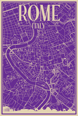 Purple hand-drawn framed poster of the downtown ROME, ITALY with highlighted vintage city skyline and lettering