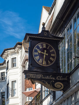 ROYAL TUNBRIDGE WELLS, KENT, UK - SEPTEMBER 15, 2019:  Public Clock At The The Pantiles