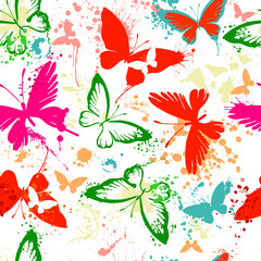 Seamless pattern of butterflies from watercolor blots. Bright watercolor butterflies on white background. Abstract hand-drawn texture.