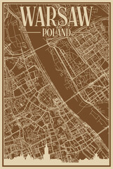 Brown hand-drawn framed poster of the downtown WARSAW, POLAND with highlighted vintage city skyline and lettering