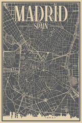 Grey hand-drawn framed poster of the downtown MADRID, SPAIN with highlighted vintage city skyline and lettering
