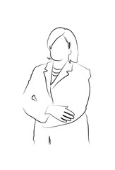 Silhouette of a woman standing with her arms crossed and wearing an elegant suit. Hand drawn ink strokes sketch style black and white vector illustration isolated on white background.