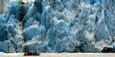 Ein Boot mit Touristen fahren an einem Gletscher entlang. Ai generative