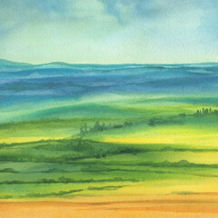 Green landscape - panoramic illustration of a yellow fields and a beautiful countryside hills with forest in morning fog. Watercolor hand drawn painting illustration