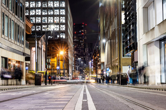UK, England, Manchester, Long exposure of city street at night