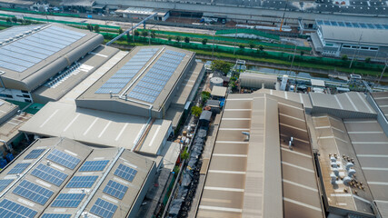 Top view Solar Cell on Warehouse Factory. Solar photo voltaic panels system power or Solar Cell on...