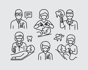 Dentistry Dentist and Patient Dental Care Vector Line Icons