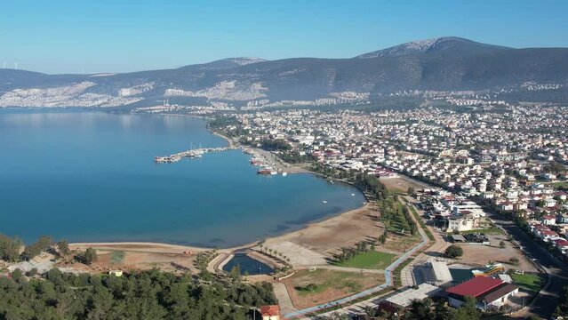 Aerial view of Didim Akb&uuml;k and city center. Aydin Turkey