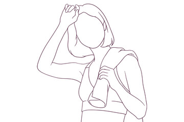 young woman wearing fitness suit with a towel hand drawn style vector illustration