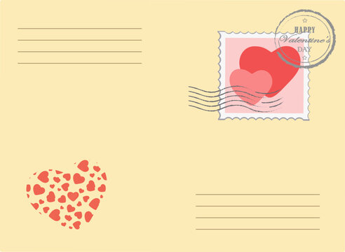 Vintage Valentine's Day envelope with postage stamp and postmark. Vector illustration. Clipart.