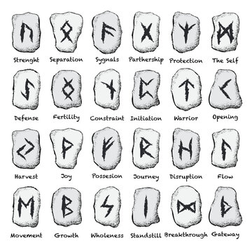 Viking runes white grunge stones set