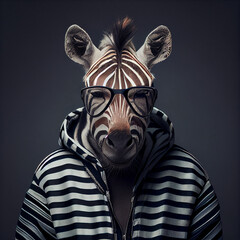 Portrait of a hipster zebra in a sweater and glasses, gradient background