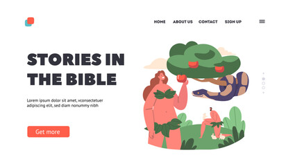 Biblical Story Landing Page Template. Adam and Eve Lapse From Virtue. Evil Serpent Deceive and Tempt Eve - obrazy, fototapety, plakaty