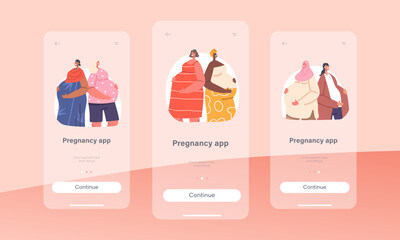 Fototapeta na wymiar Pregnancy Mobile App Page Onboard Screen Template. Multinational Pregnant Girls prepare for Motherhood