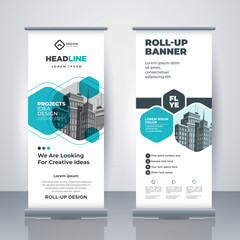 Business Roll Up. Standee Design. Banner Template. Presentation and Brochure.  Modern x-banner and flag-banner advertising. Vector illustration.