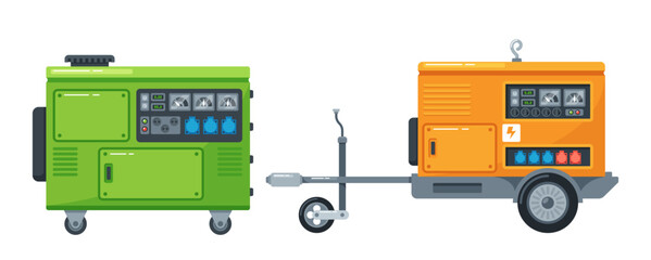 Portable Diesel Power Generator On Wheels. Energy Generating Backup Equipment And Electricity Voltage Source