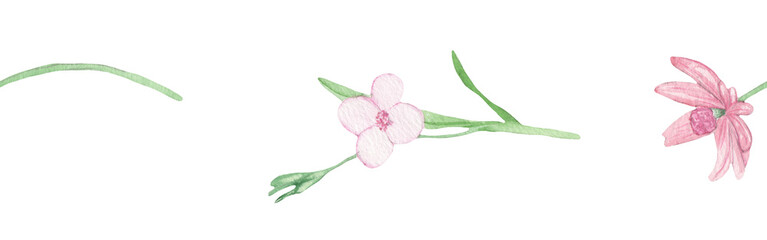 Watercolour floral illustration. DIY blush pink flower border - for bouquets, wreaths, wedding invitations, anniversary, birthday, postcards, greetings.