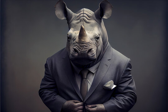 Rhinoceros - anti-crisis manager fastens a button on his business suit. Created with Generative AI technology.