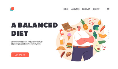 Balanced Diet Landing Page Template. Food Choice Concept with Fat Overweight Male Characters Choose Meals
