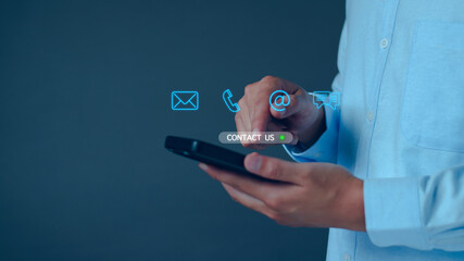 Contact us concept. Business man consulting customers who contact us, call center service, customer consulting service, email, hotline, business contact, digital online business, digital service.