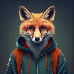 Obraz premium Portrait of a hipster fox dressed in a tracksuit, gradient background