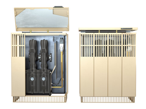 Natural gas convector heater isolated on white. Opened with inside parts visible and normal state. Old European gas heating system. 3D illustration.