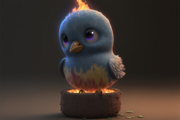 Cute blue Twitter Bird burning, downfall, fall from grace - AI Generated