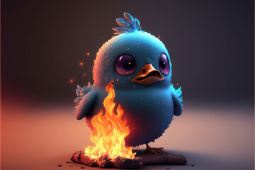 Cute blue Twitter Bird burning, downfall, fall from grace - AI Generated