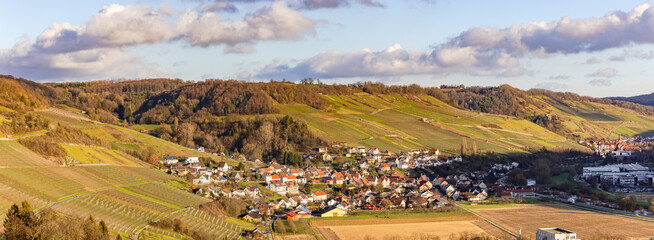 Panorama of rural nature with vineyards near Criesbach im valley Kochertal, Germany