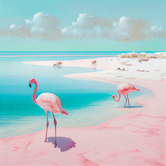Pastel pink creative Summer concept of flamingo on the seashore during a sunny vacation. Sand and sea. Tropical animal flamingos. Illustration, Generative AI.