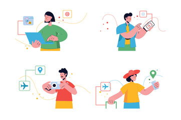 Traveling set concept with people scene in the flat cartoon style. Man and woman plan journeys to different countries during a vacation. Vector illustration.