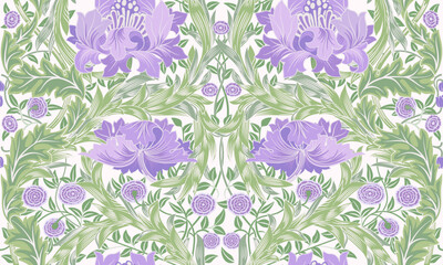 Floral seamless pattern with big violet flowers and green foliage on light background. Pastel colors. Vector illustration. - 563856912