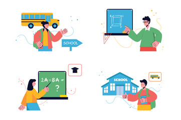 Back to school set concept with people scene in the flat cartoon design. Children are returning to school, lessons and school life after the summer holidays. Vector illustration.