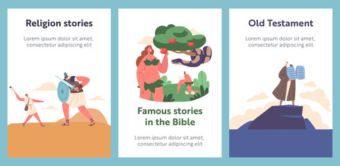 Bible Narratives and Stories Cartoon Banners With Legendary Characters Scenes. Eva and Snake, David And Goliath, Moses