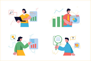 Set concept Searching opportunities with people scene in the flat cartoon style. Ambitious young people are looking for online job opportunities on the Internet. Vector illustration.