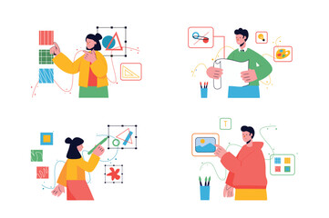 Design studio set concept with people scene in the flat cartoon style. Creative designer work together for make a new project. Vector illustration.