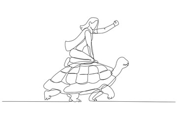 Cartoon of businesswoman riding fast on a turtle concept of high speed development on slow landscape. Single continuous line art style