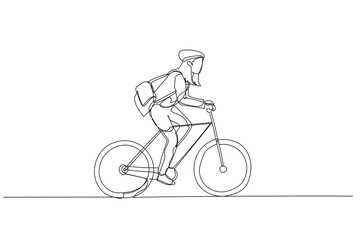 Drawing of businesswoman rriding bicycle to office concept of bike to work eco friendly transportation. Single line art style