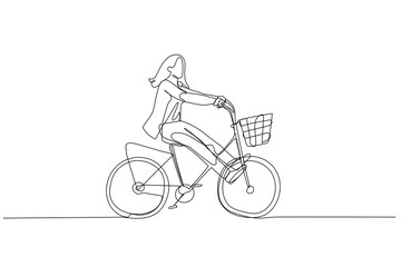Illustration of businesswoman riding high speed bicycle all gass no break. Continuous line art