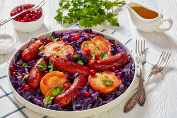 Seared Sausage, Red Cabbage and Apples on plate