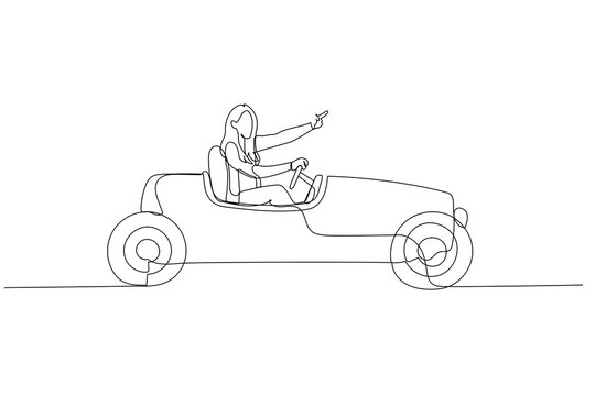 Drawing of businesswoman driving red vintage roadster car concept of business success and leadership. Single line art style