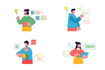 Programming working set concept with people scene in the flat cartoon design. Programmers write difficult code using programming language. Vector illustration.