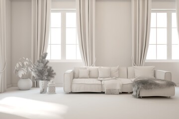 Fototapeta premium White minimalist living room with sofa. Scandinavian interior design. 3D illustration