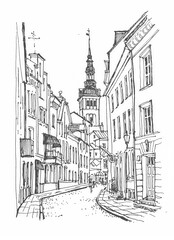 Sketch of Tallinn, Estonia. A hand-drawn old building, with a pen on paper. Urban sketch in black color on white background. Building line art. Freehand drawing. Hand drawn travel postcard. 