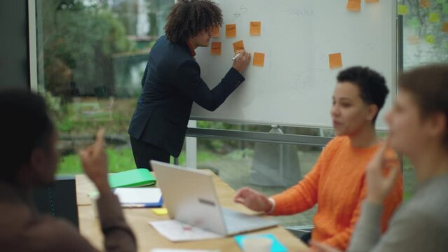 african american man standing near white board is presenting ideas to colleagues sitting at the table using sticky posts