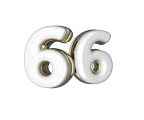 Realistic Number 66 3D render with Gold and white colors